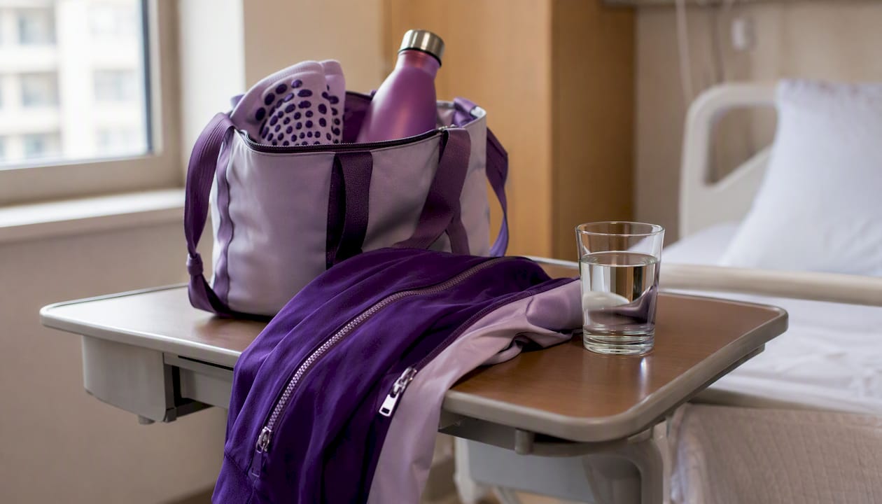Hospital bedside table with practical gifts and adaptive clothing