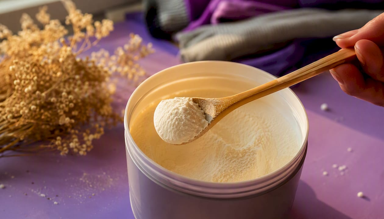 Scoop of hydrolyzed collagen peptides powder