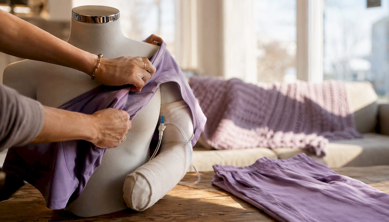 Hands dressing adaptive recovery tee over casted arm