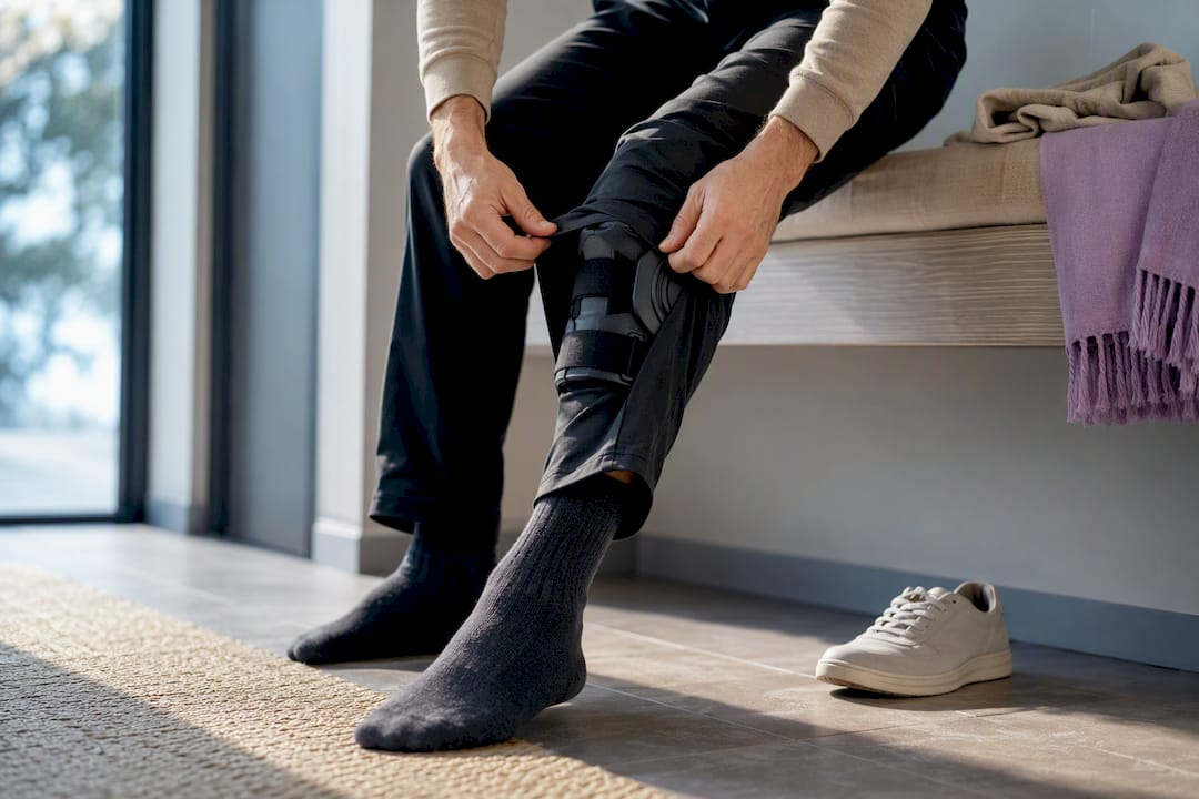 Person adjusting trousers over knee brace