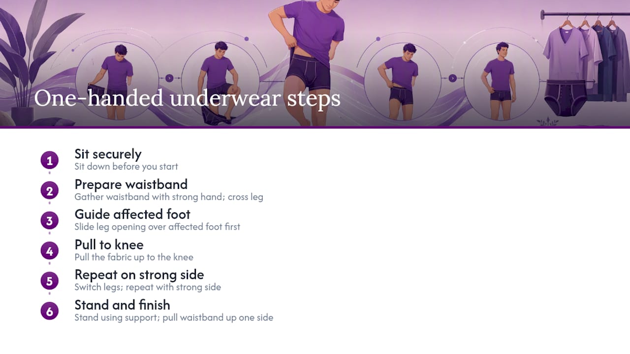 Six steps for seated one-handed dressing
