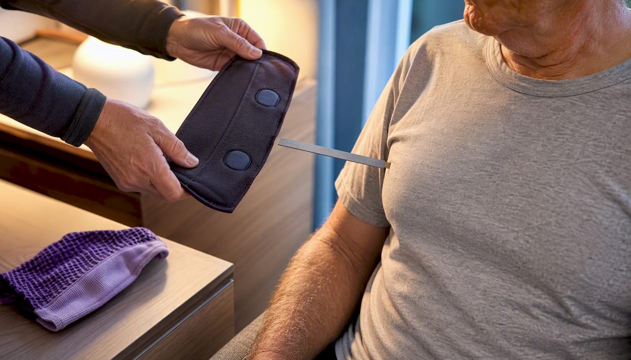 Caregiver measuring magnetic closure distance from chest