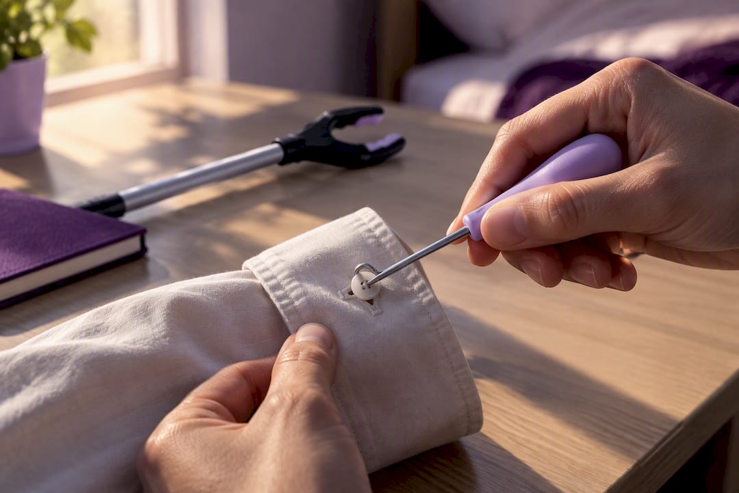 Caregiver using a button hook dressing aid