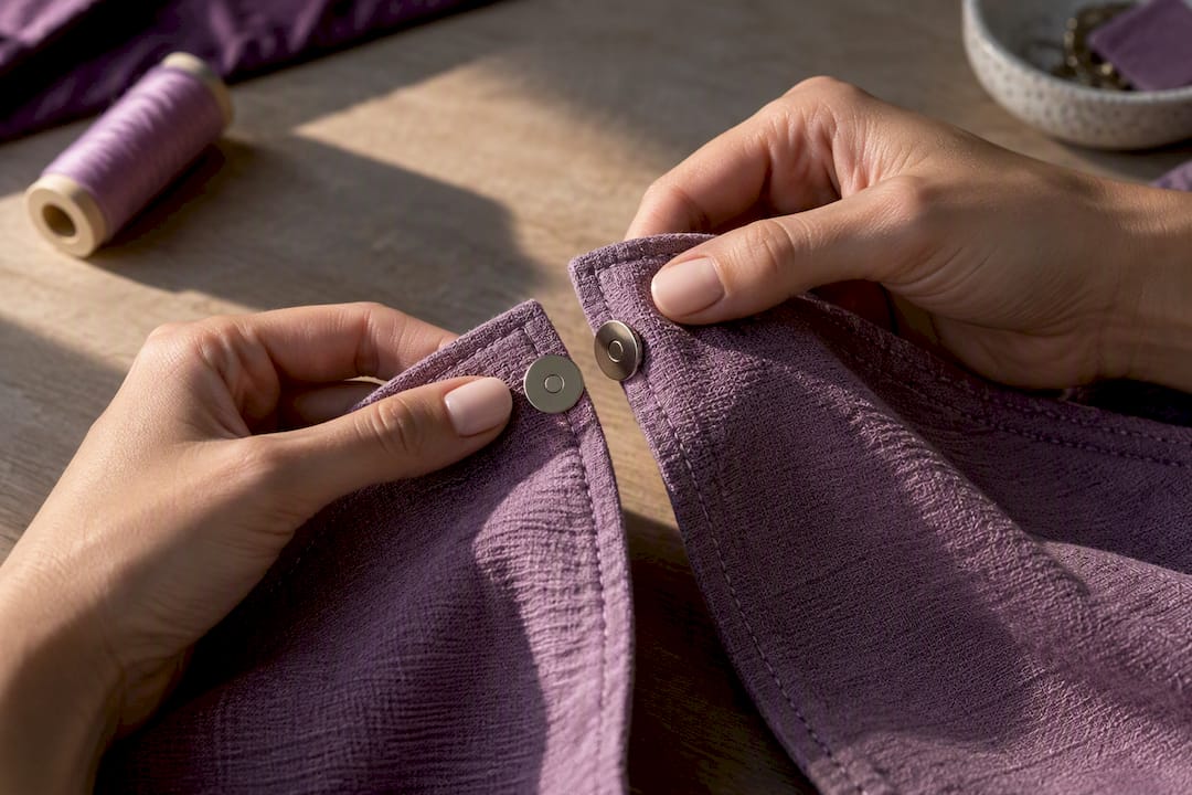 Hands aligning magnetic garment closure discs