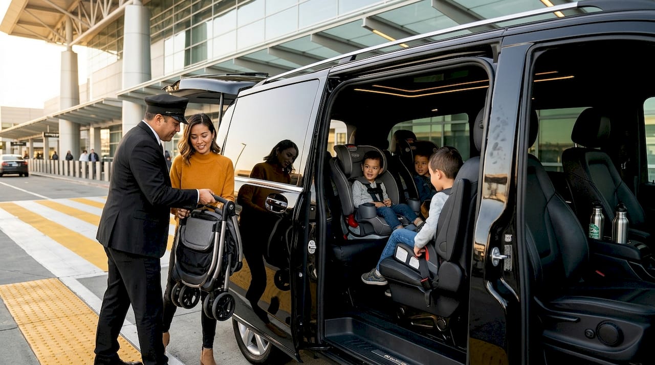 Chauffeur assisting family with van and car seats at airport