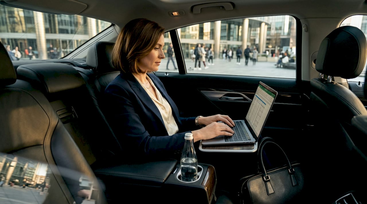 Business traveler works in chauffeured car interior