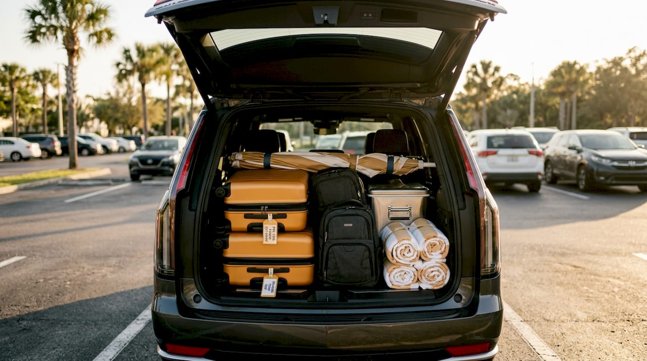 Packed vehicle trunk with family travel gear in Orlando