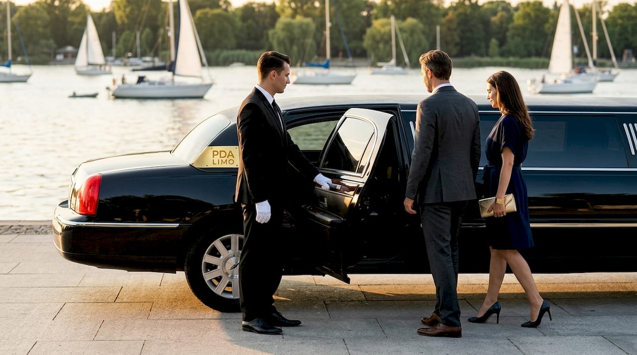 Chauffeur opening limo door for passengers