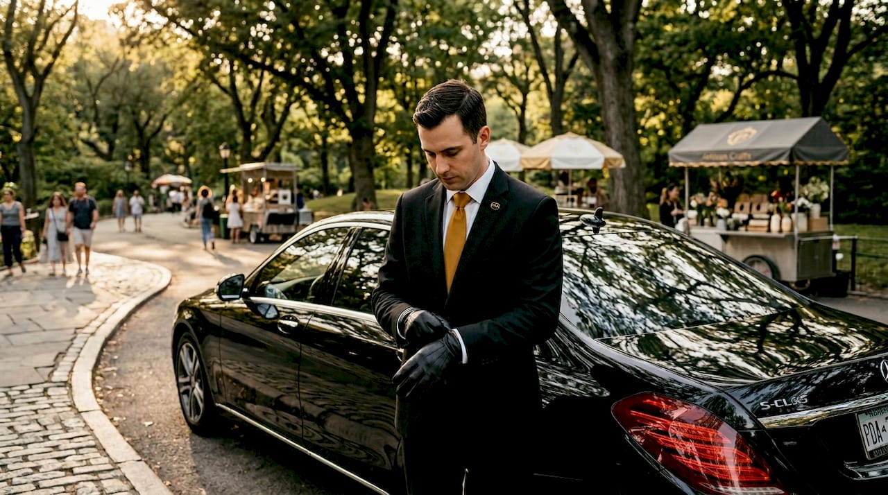 Chauffeur preparing black luxury car outdoors