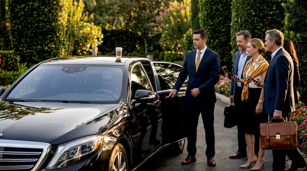 Chauffeur opens car door for corporate group