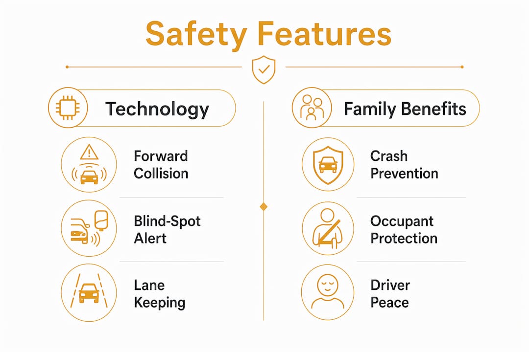 Infographic showing luxury vehicle safety features and family benefits