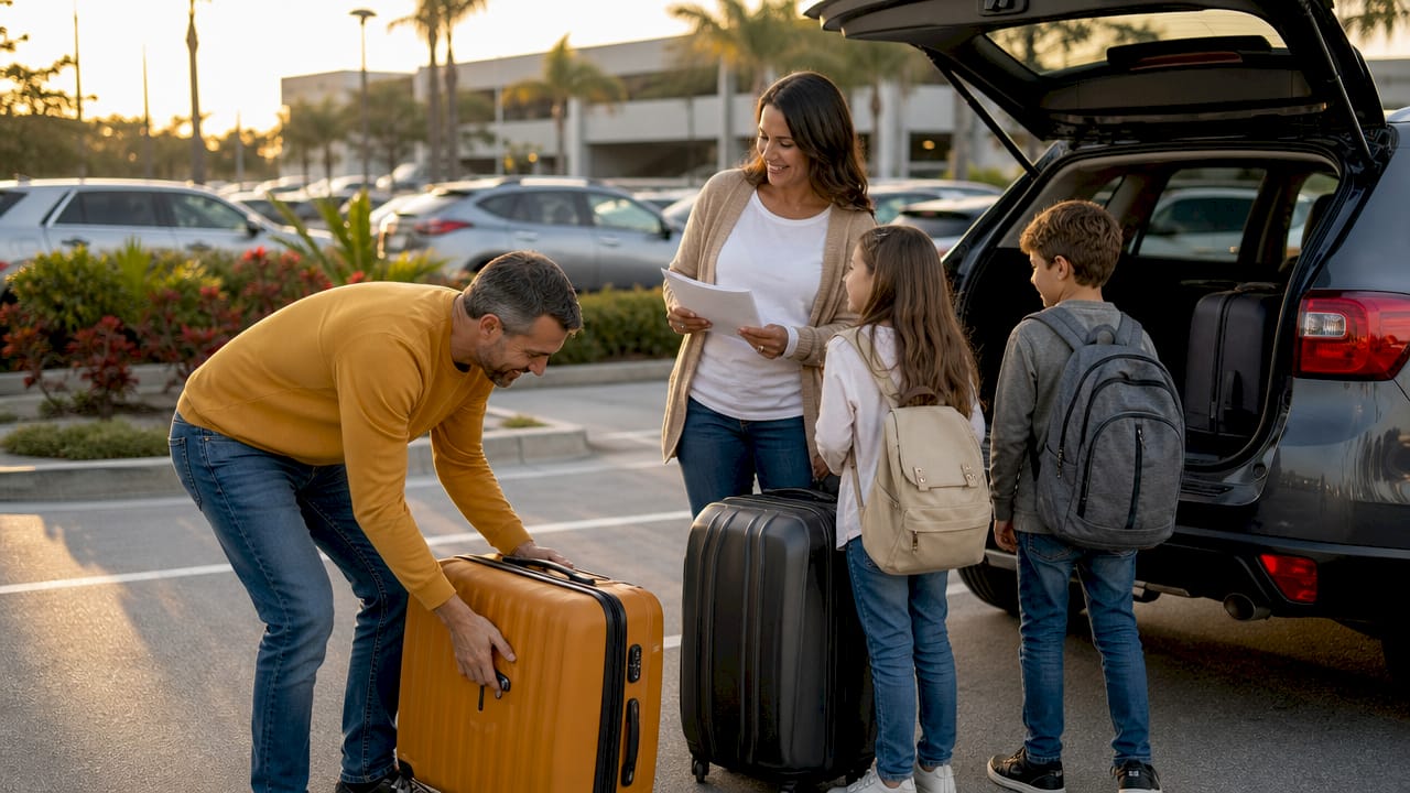 Family loading rental car at Orlando airport parking