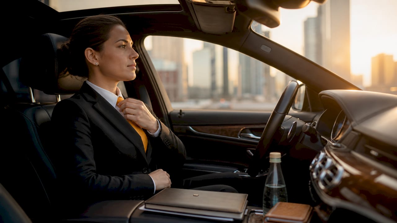 Female chauffeur inside luxury car adjusting tie