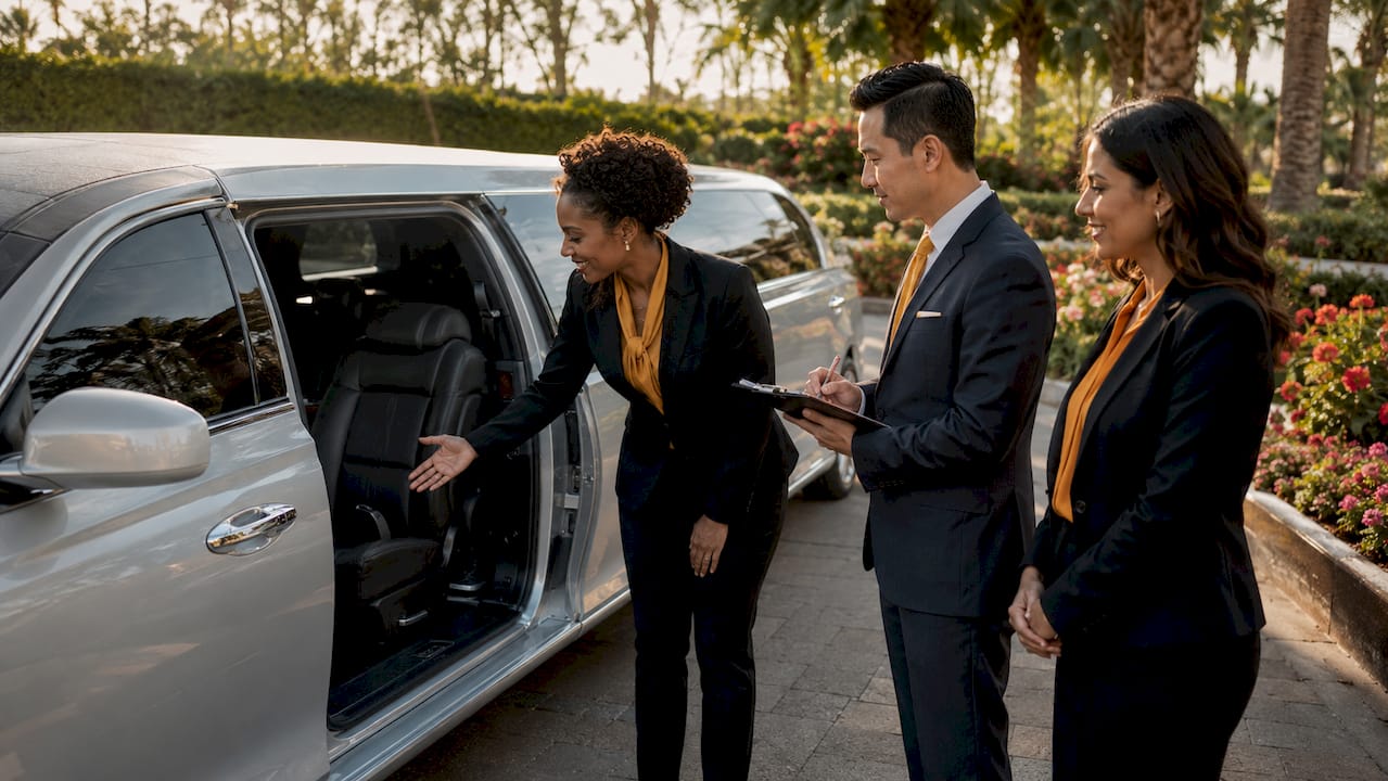 Clients inspecting limousine for event transportation