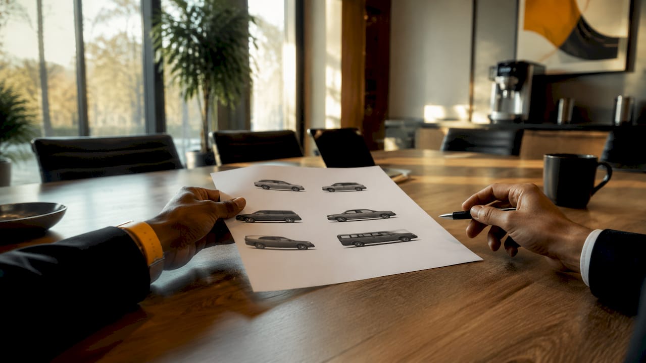 Hands reviewing corporate vehicle options chart
