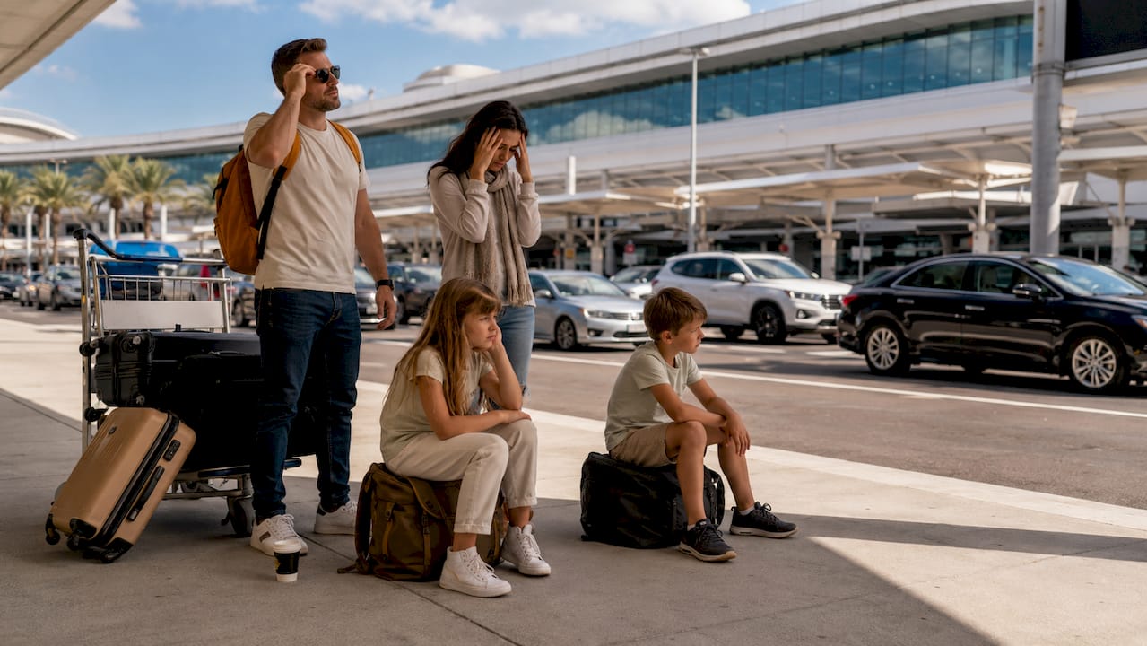 Family waiting at busy airport rideshare zone