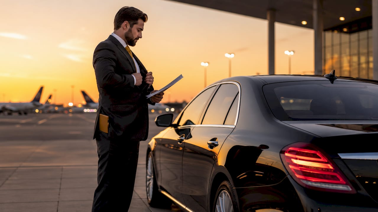 Chauffeur monitoring flight and waiting charges inside limo