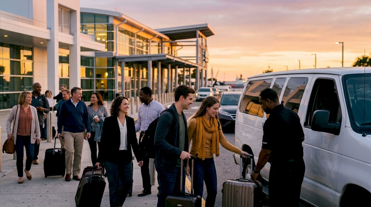 Passengers boarding shared shuttle outside cruise terminal