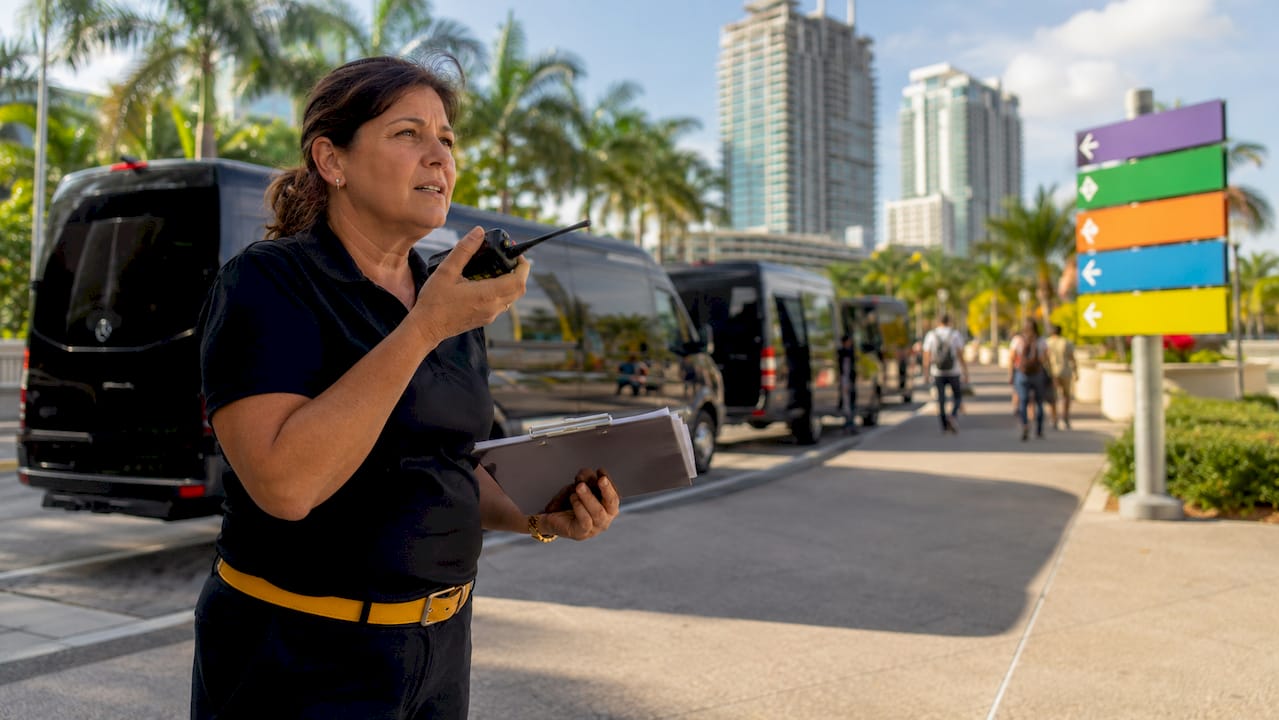 Shuttle coordinator managing vans outdoors