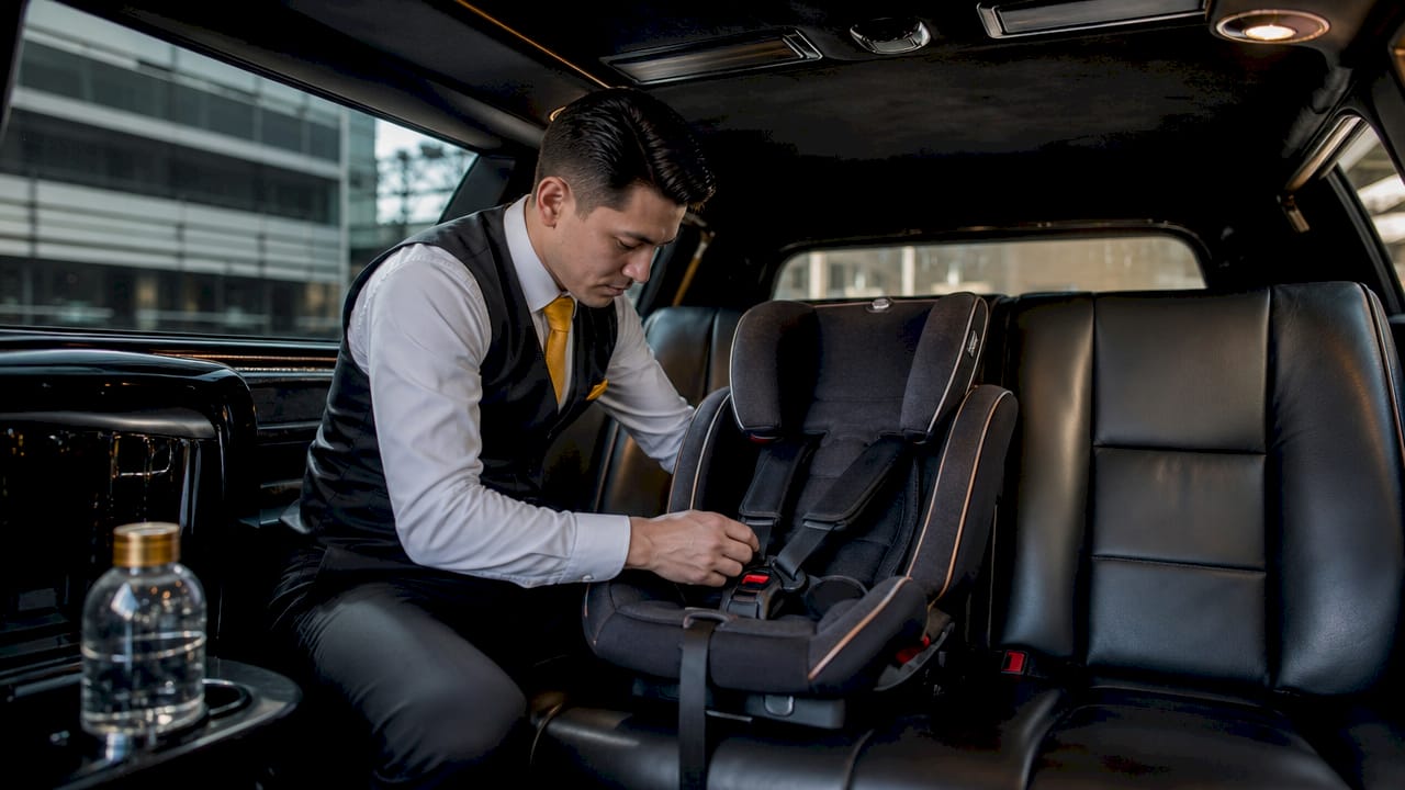 Chauffeur installing child booster seat in limo