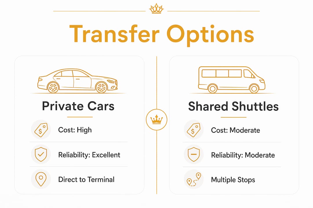 Infographic comparing private cars vs shared shuttles for cruise transfer