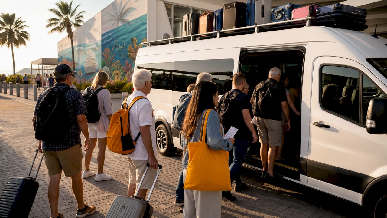 Passengers boarding cruise port shared shuttle with luggage