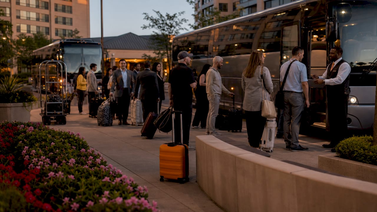 Shuttle buses loading conference attendees at hotels