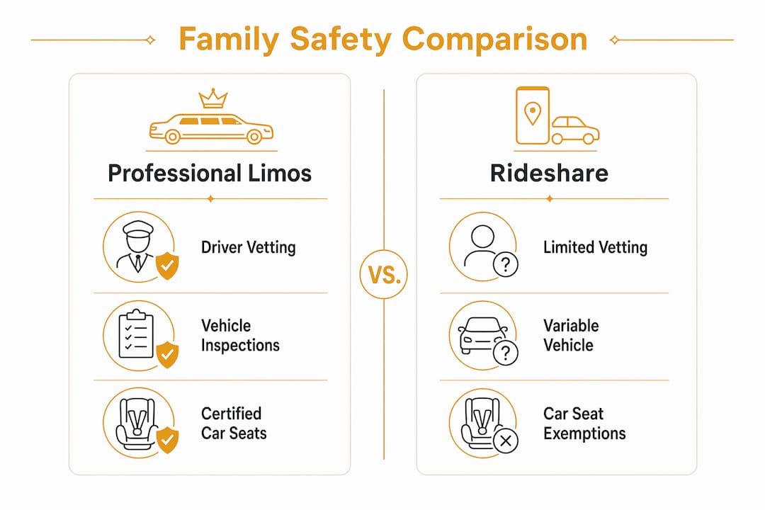 Infographic comparing limo and rideshare safety for families