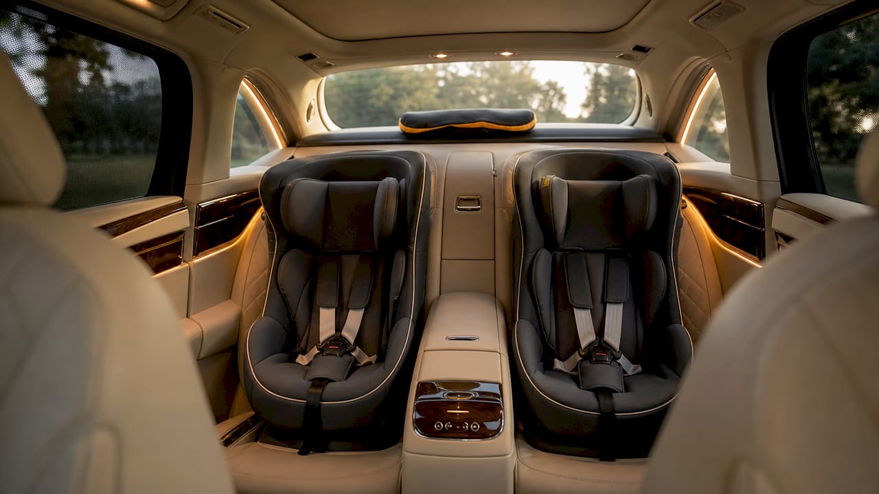 Limousine interior with secure child safety seats