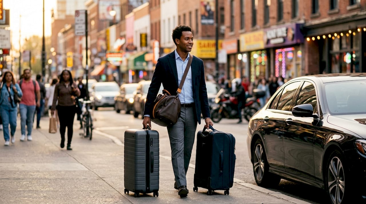 Traveler walking to fixed rate transfer vehicle at airport