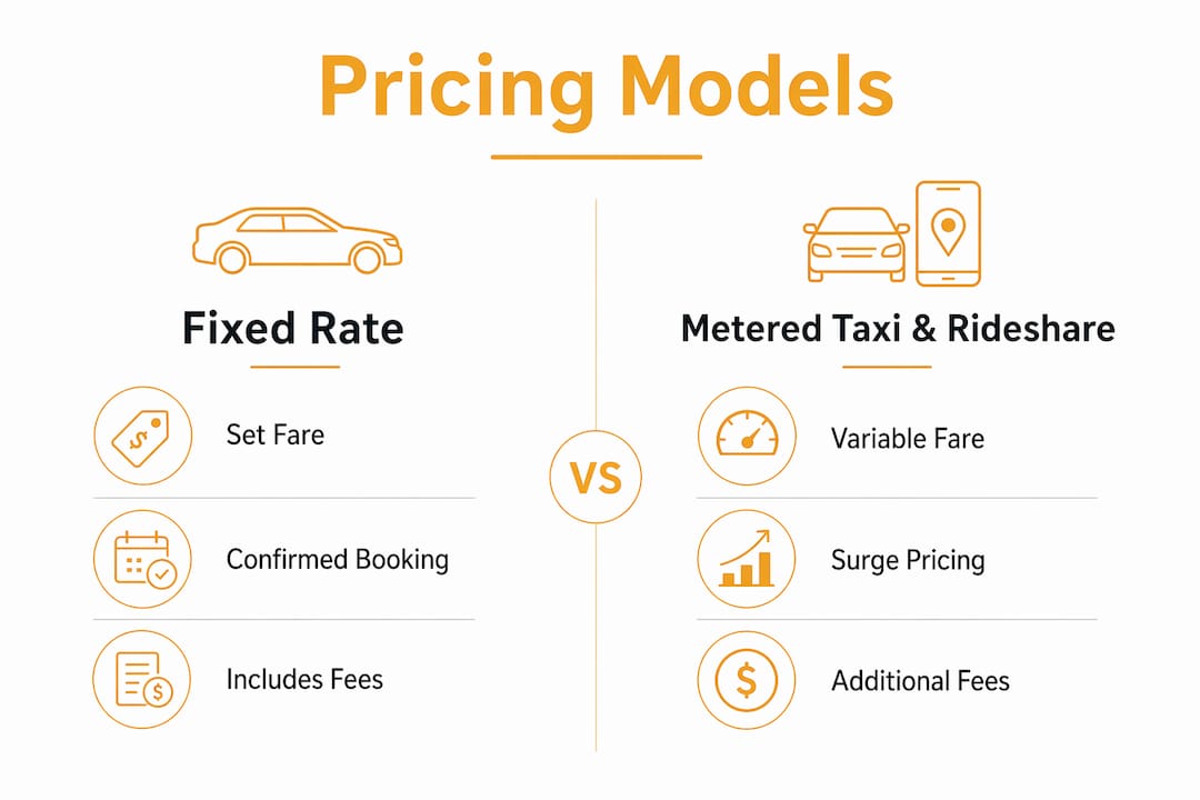 Infographic comparing fixed rate transfers and taxis rideshares