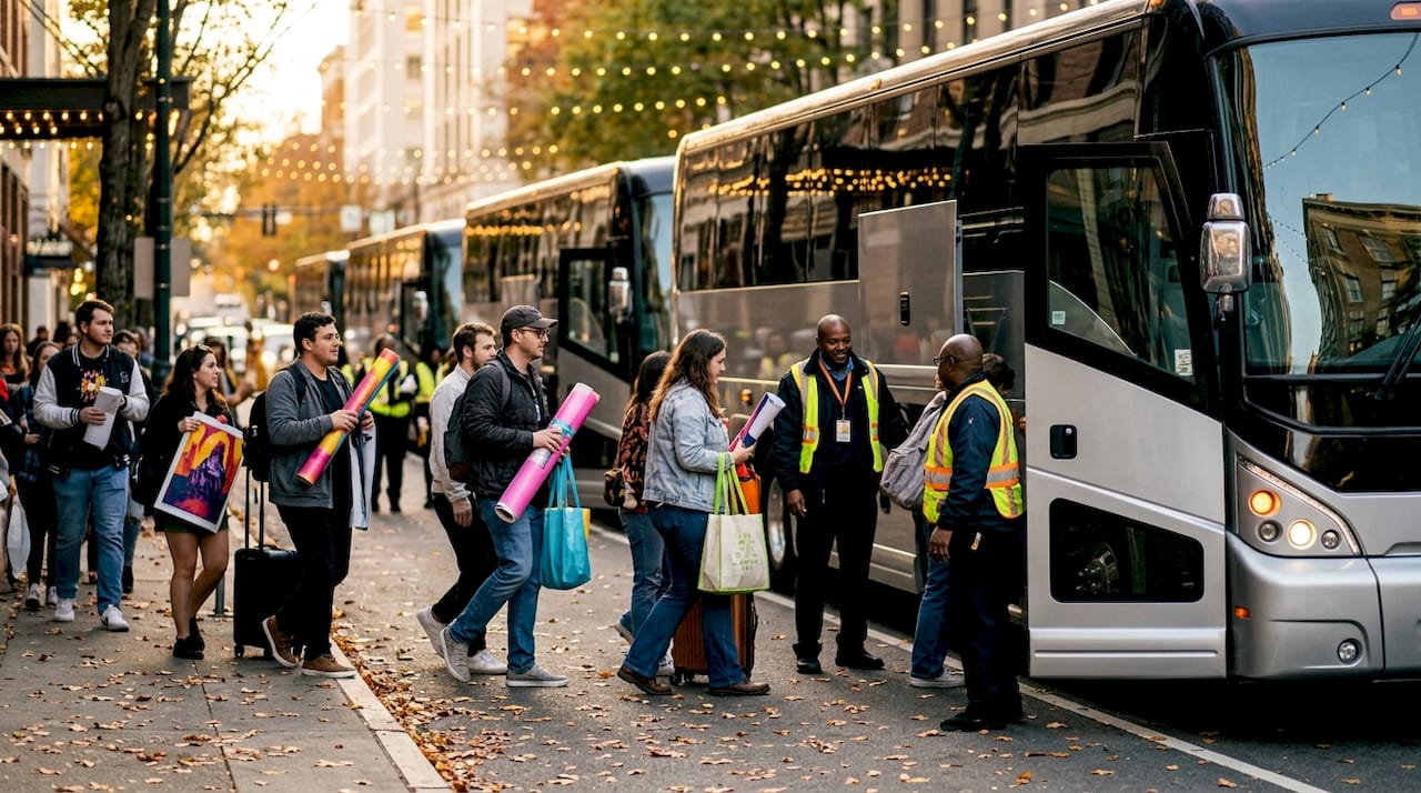 Passengers boarding shuttle buses at concert