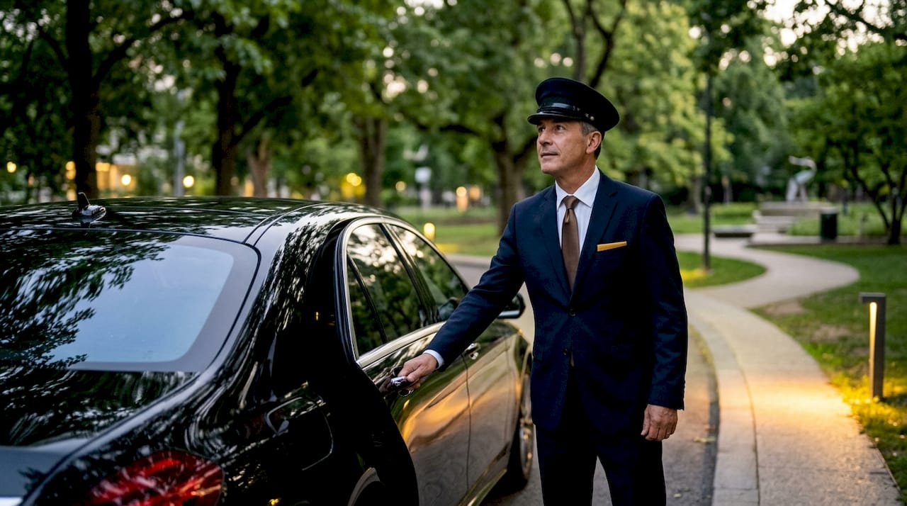 Chauffeur opening luxury car door outdoors