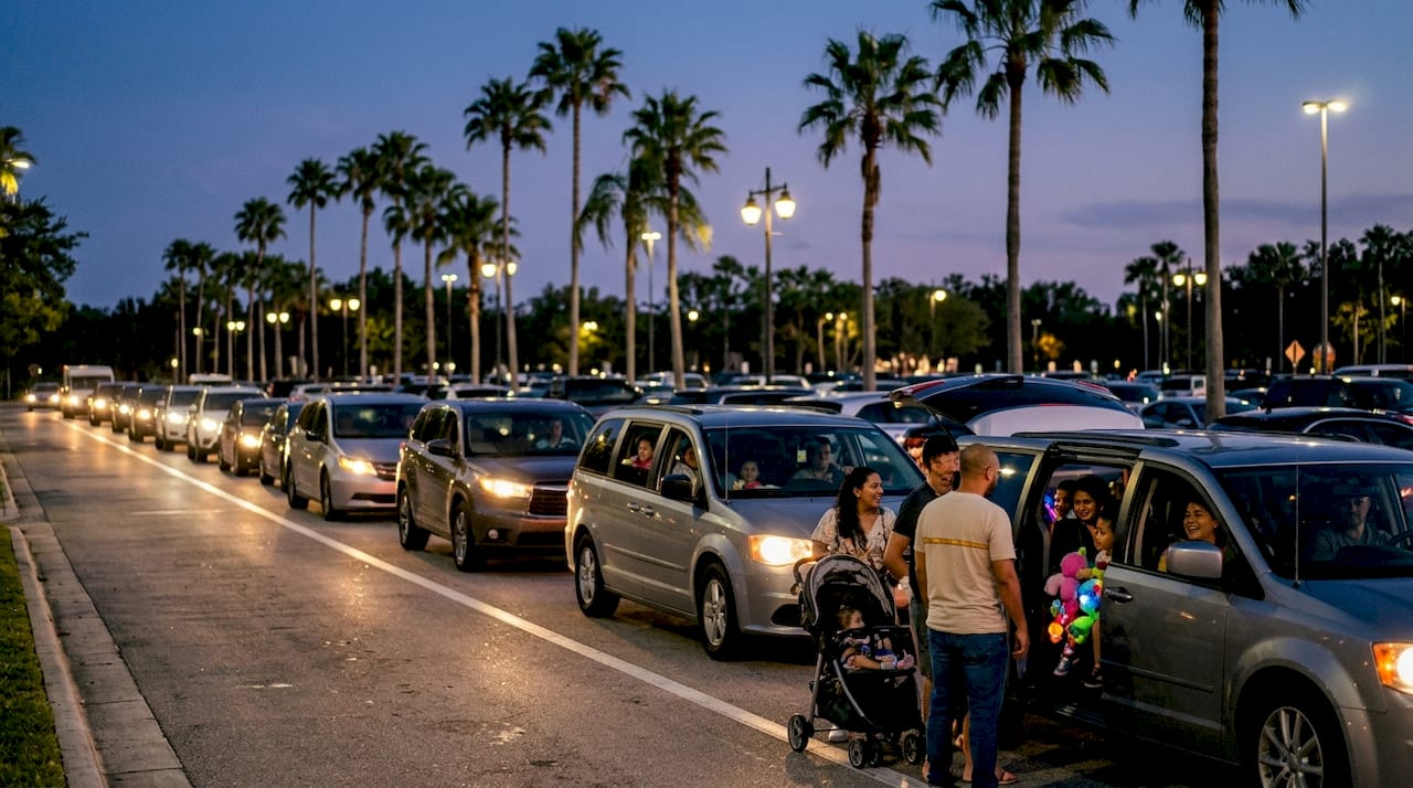 Evening traffic exit from Orlando theme park