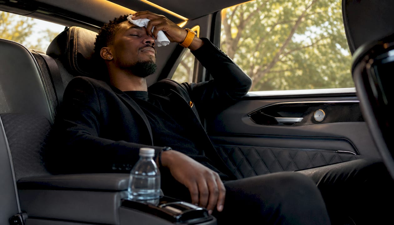 Traveler relaxing in car after flight