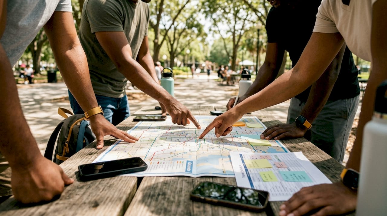 Hands pointing at Orlando travel map for planning