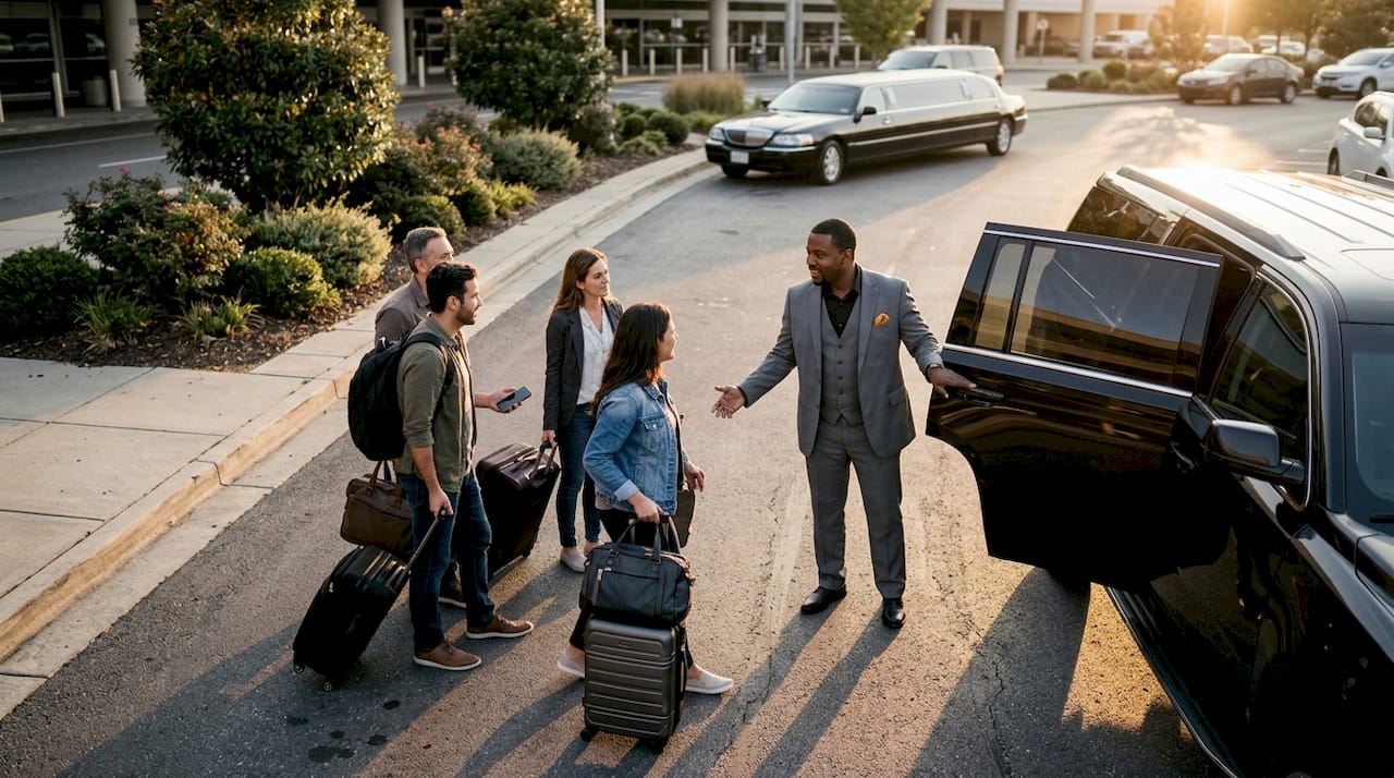 Driver assisting group at airport luxury van