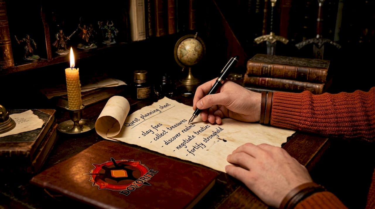 Writer hands drafting RPG quest objectives