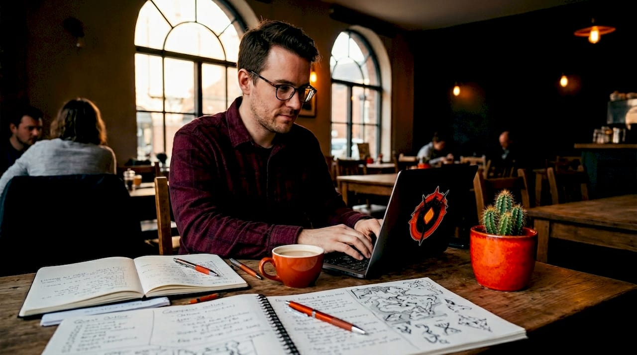 Writer creating text RPG quest at desk