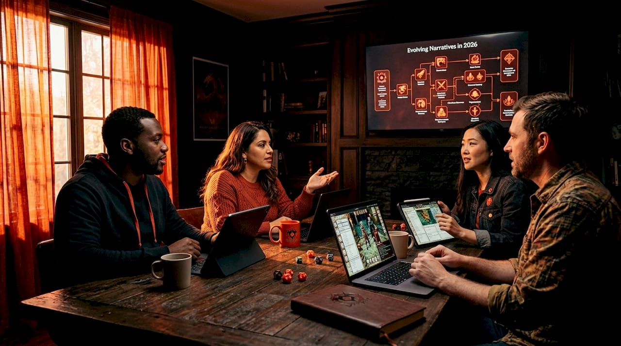 Gamers collaborating on multiplayer RPG narrative evolution