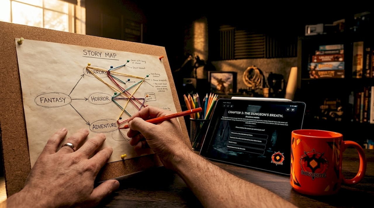 Hands sketching genre story map in home office
