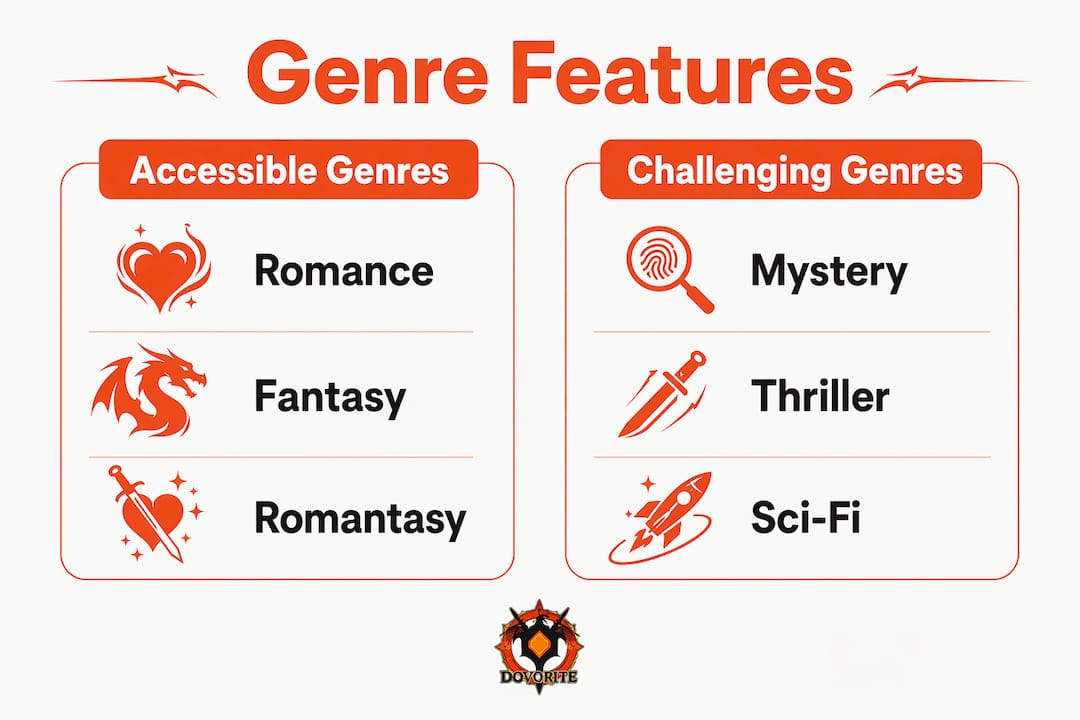 Infographic comparing accessible and challenging playable novel genres