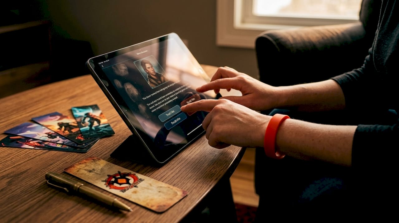 Player selecting story choice on tablet