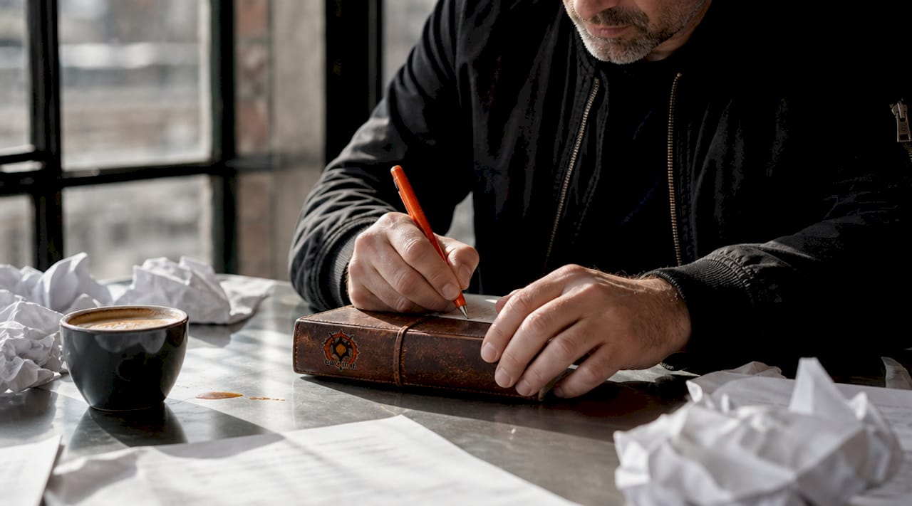 Hands writing concise RPG scene notes in cafe.