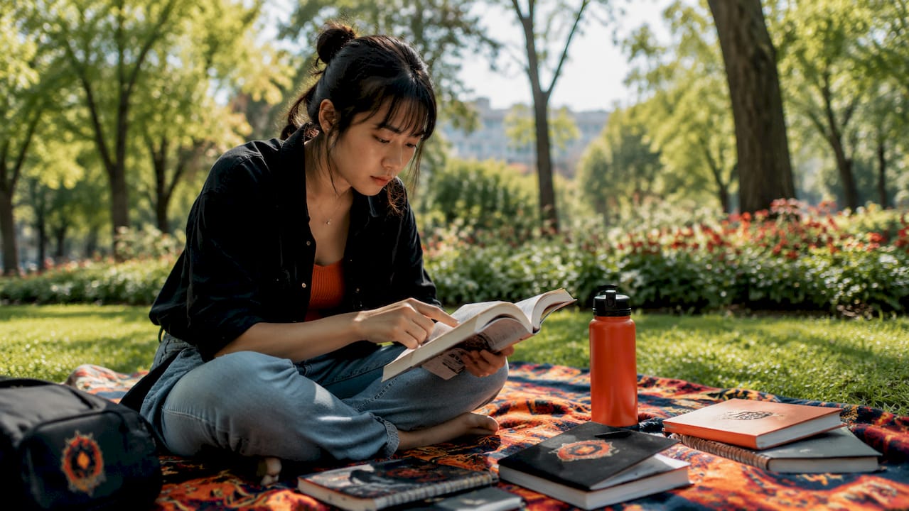 Woman reading text adventure book at desk