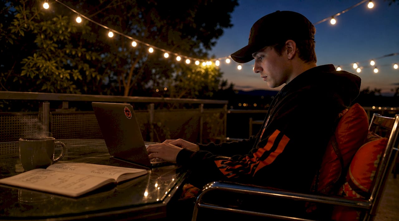 Player engaged in text RPG on laptop