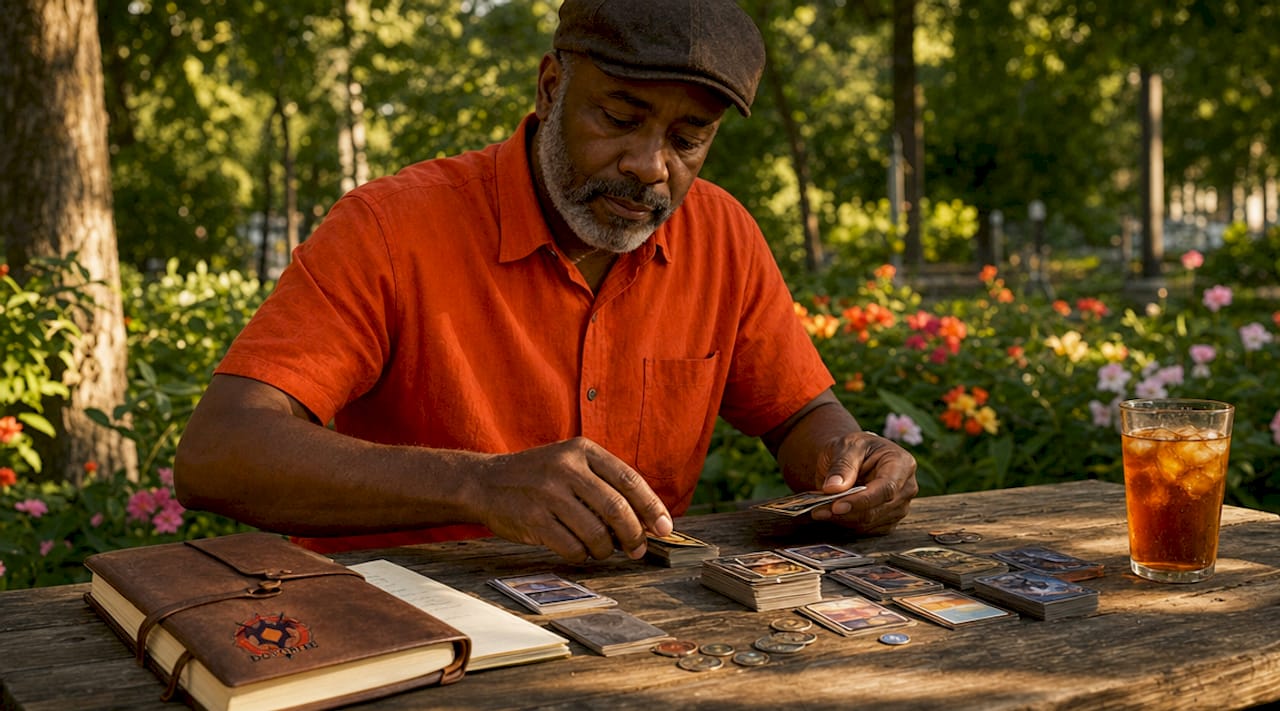 Hands sorting RPG inventory item cards on table
