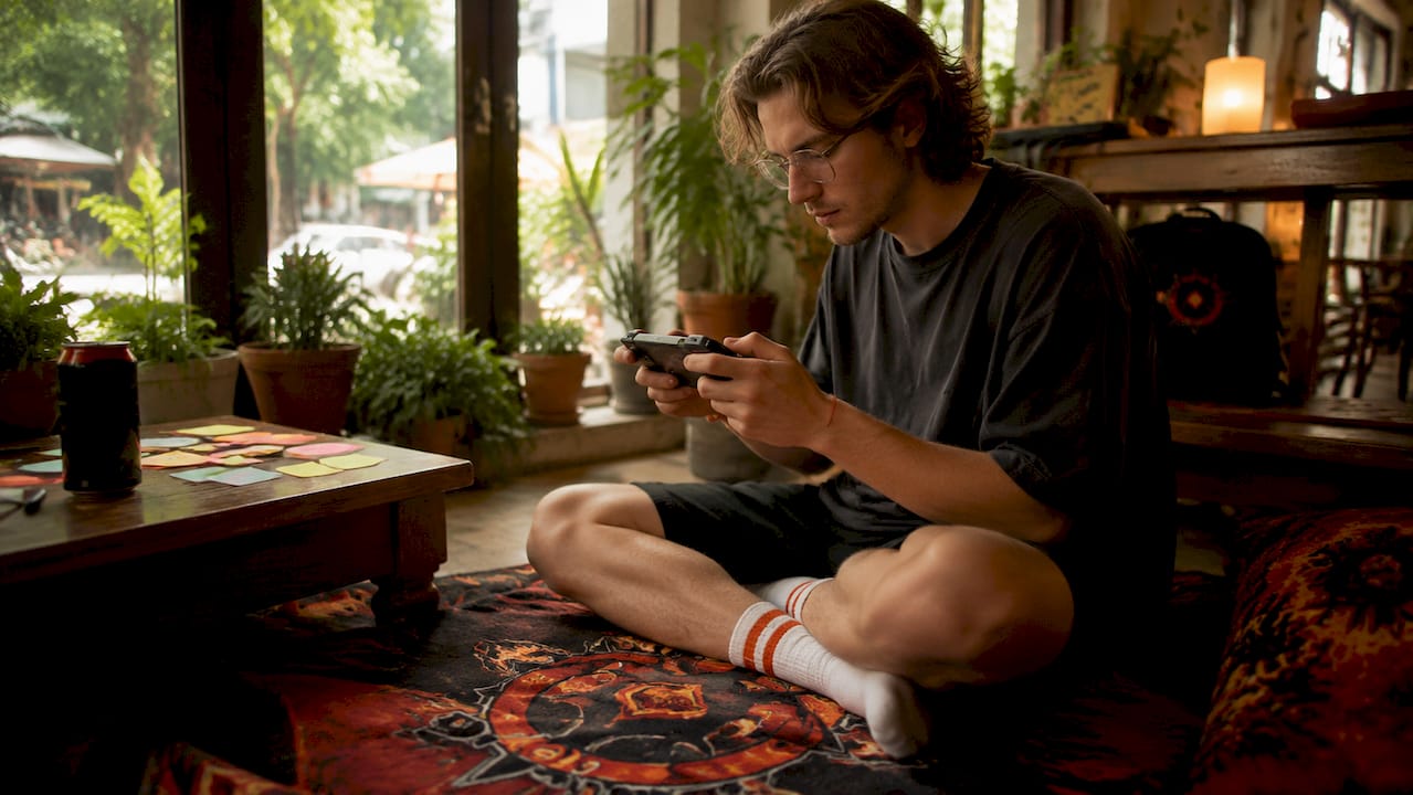 Gamer playing early RPG game on tablet
