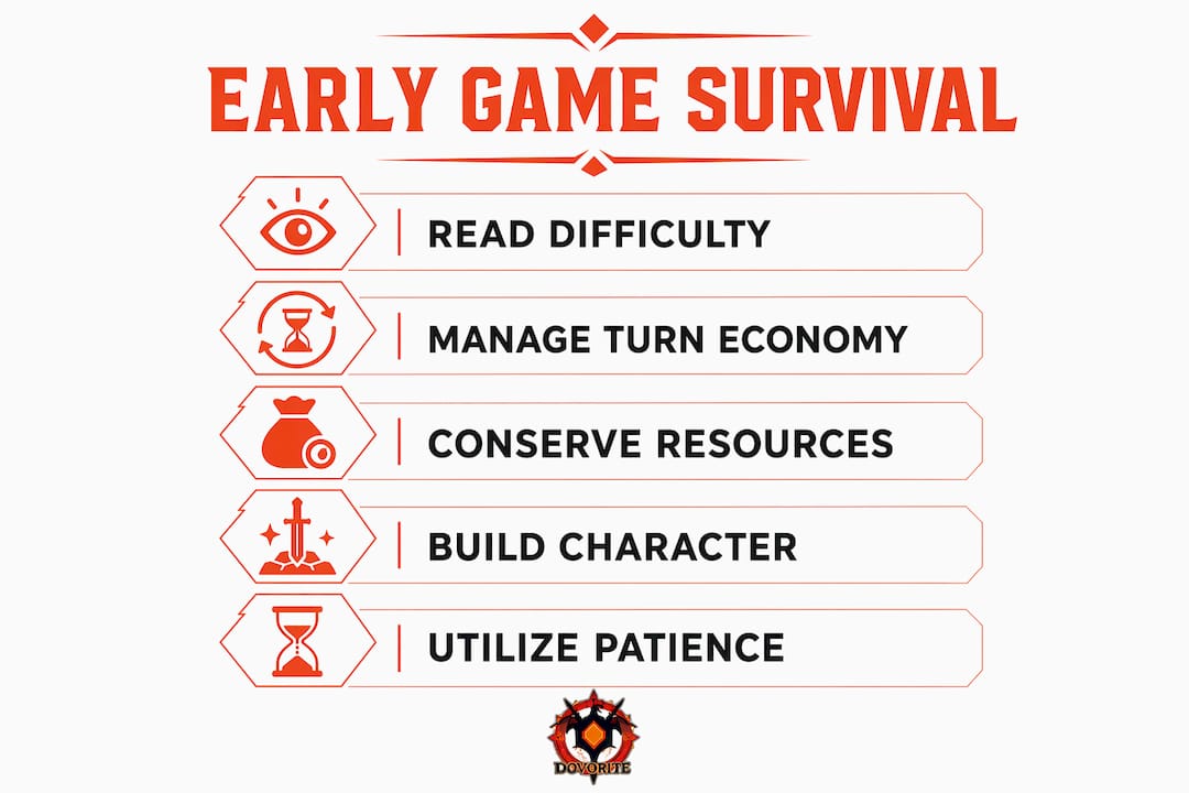 Infographic outlining early game survival steps
