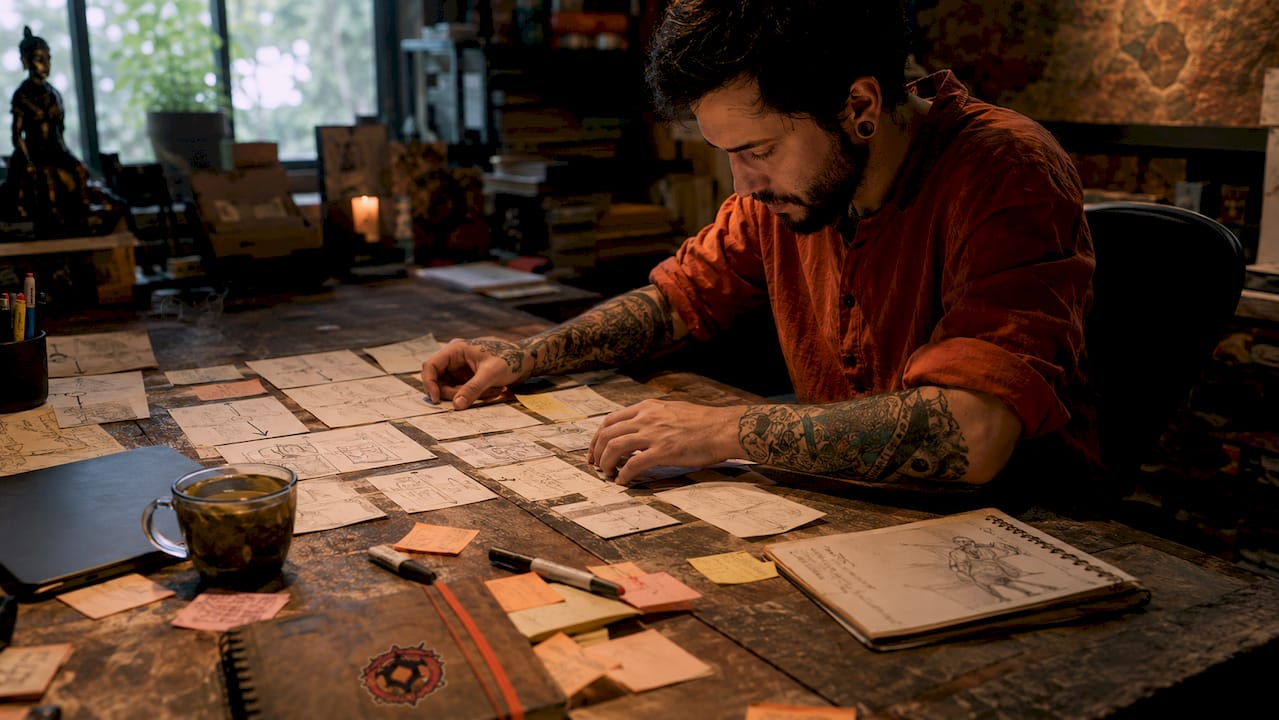 Hands arranging puzzle storyboards overhead